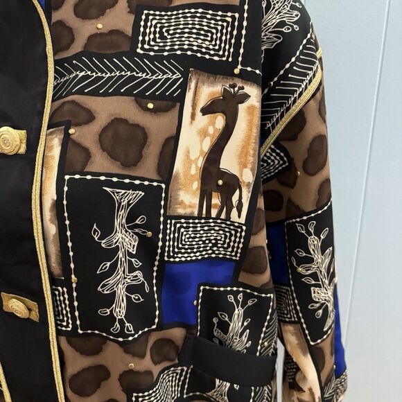 Vital Elements Black Gold Button Abstract Bomber Jacket 90s Retro Medium Giraffe - Picture 3 of 16